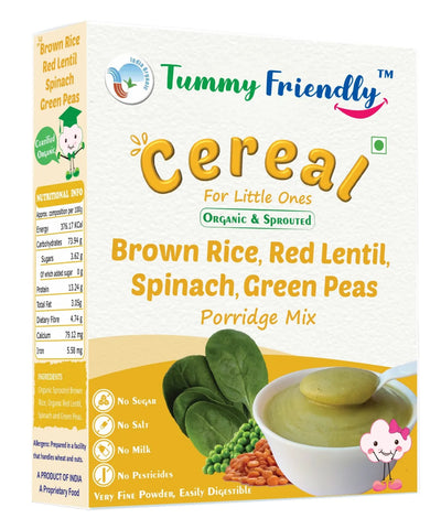 Tummy Friendly Brown Rice, Red Lentil, Spinach, Green Peas Porridge